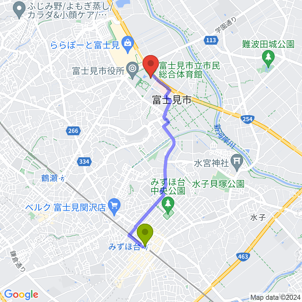 みずほ台駅から富士見市立市民総合体育館へのルートマップ地図