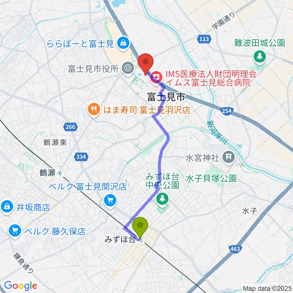 みずほ台駅から富士見市立市民総合体育館へのルートマップ地図