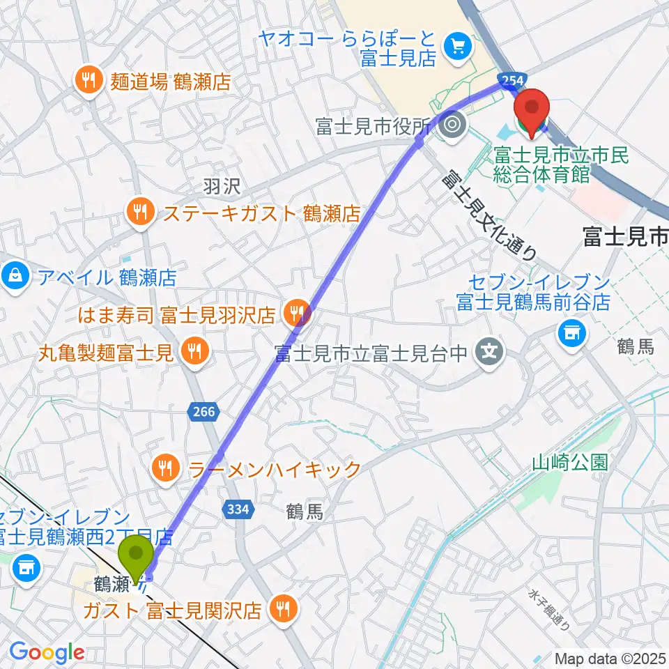 富士見市立市民総合体育館の最寄駅鶴瀬駅からの徒歩ルート（約28分）地図