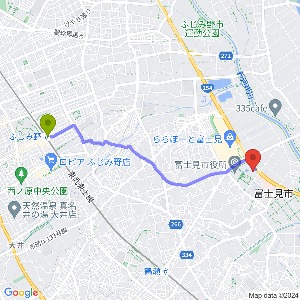 ふじみ野駅から富士見市立市民総合体育館へのルートマップ地図