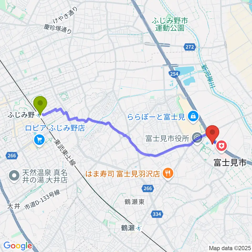 ふじみ野駅から富士見市立市民総合体育館へのルートマップ地図