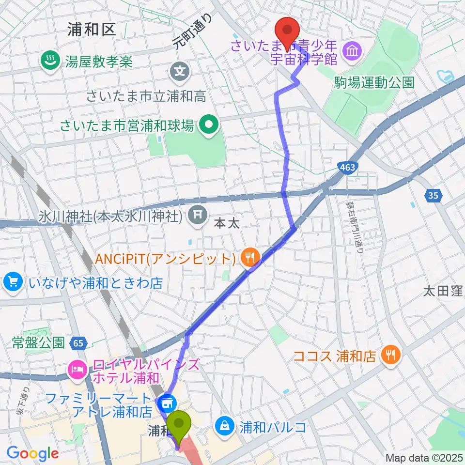 浦和駅から浦和駒場体育館へのルートマップ地図