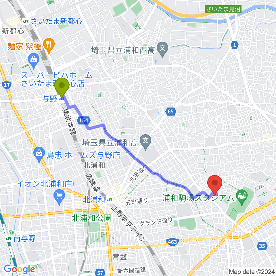 与野駅から浦和駒場体育館へのルートマップ地図