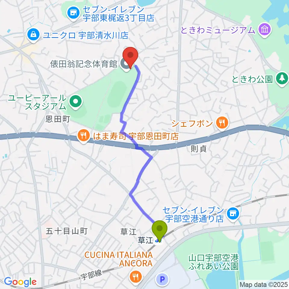 俵田翁記念体育館の最寄駅草江駅からの徒歩ルート（約19分）地図