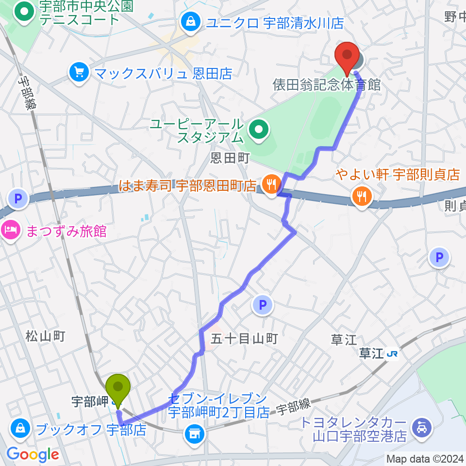 宇部岬駅から俵田翁記念体育館へのルートマップ地図