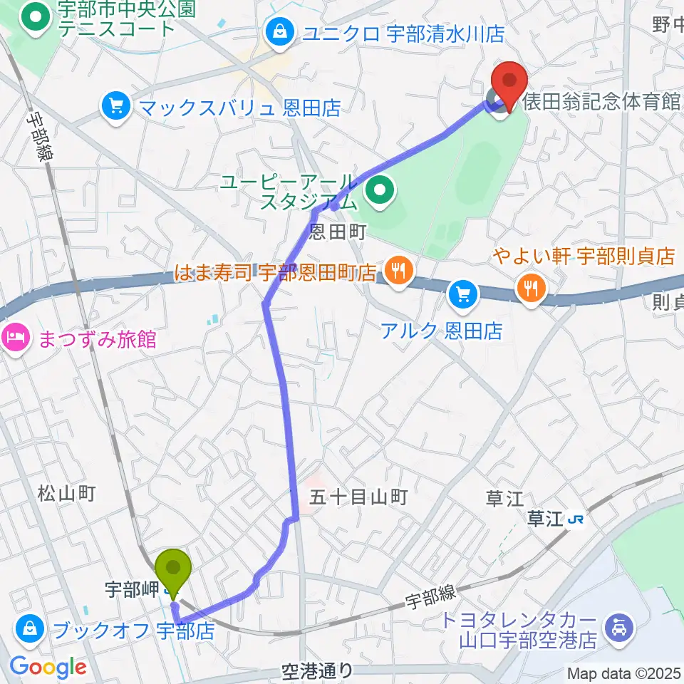 宇部岬駅から俵田翁記念体育館へのルートマップ地図