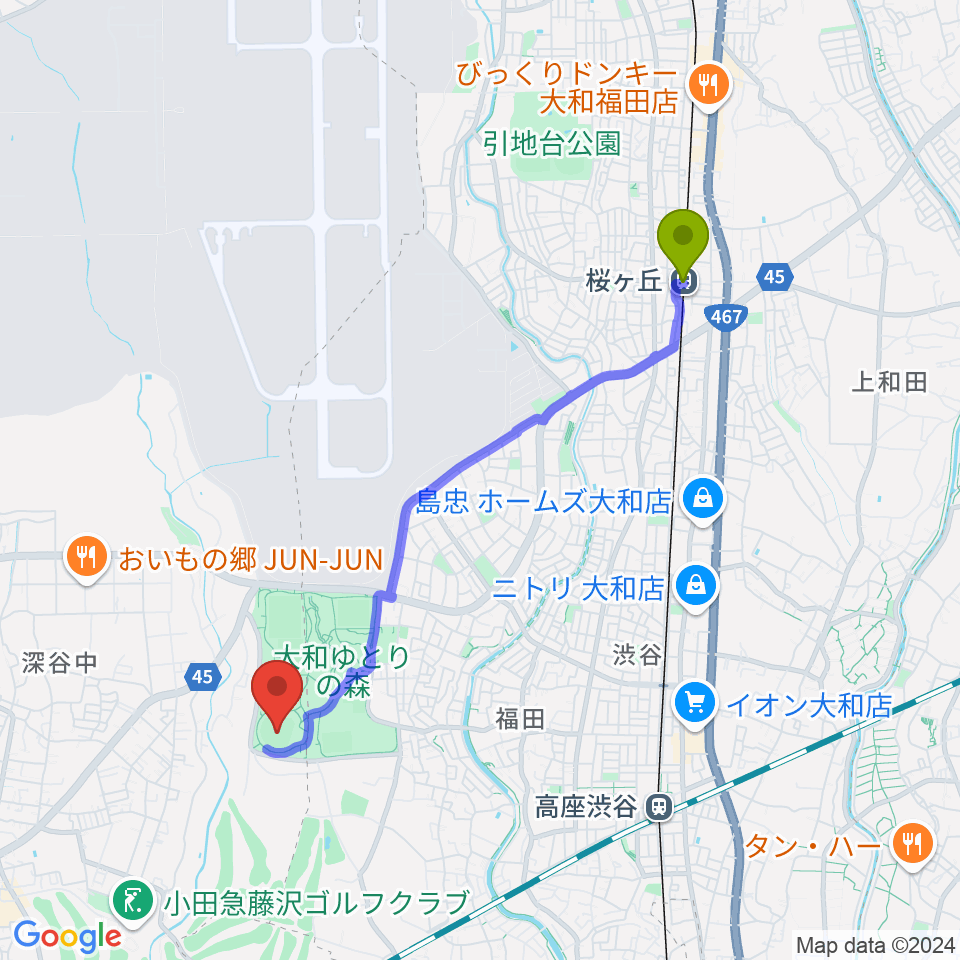 桜ヶ丘駅から綾瀬スポーツ公園野球場へのルートマップ地図