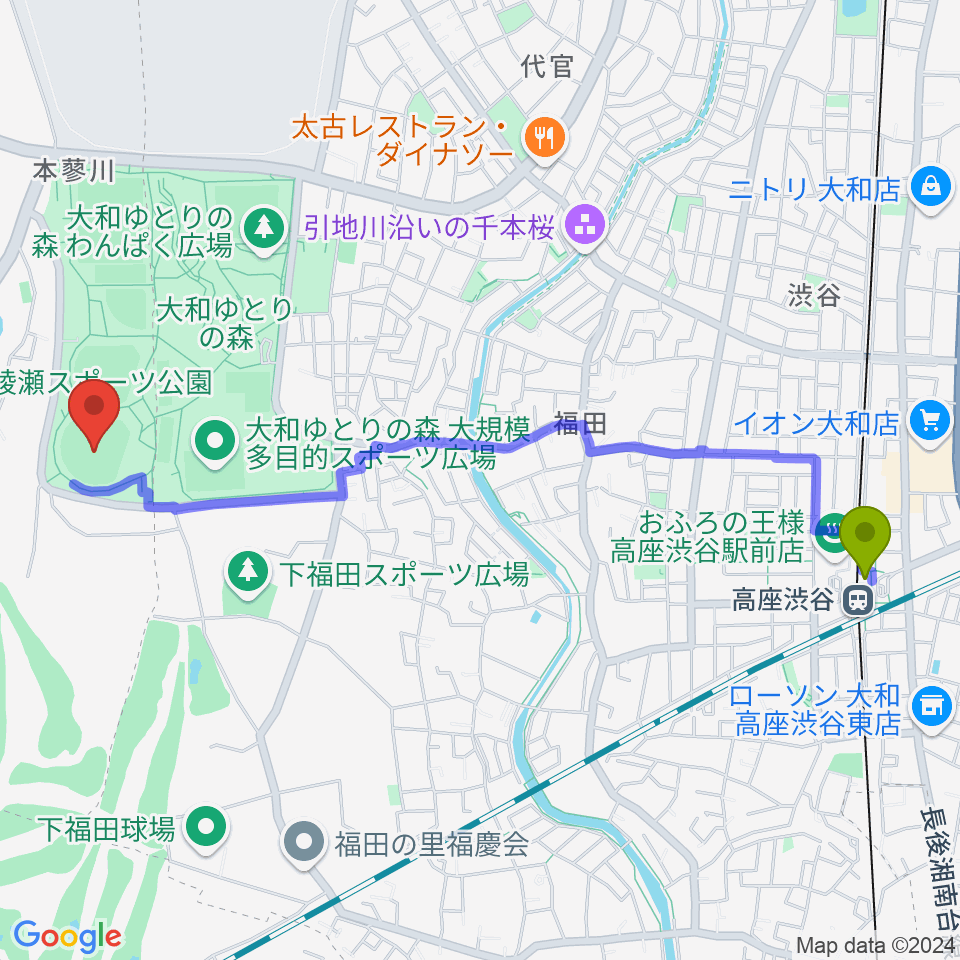 綾瀬スポーツ公園野球場の最寄駅高座渋谷駅からの徒歩ルート（約25分）地図