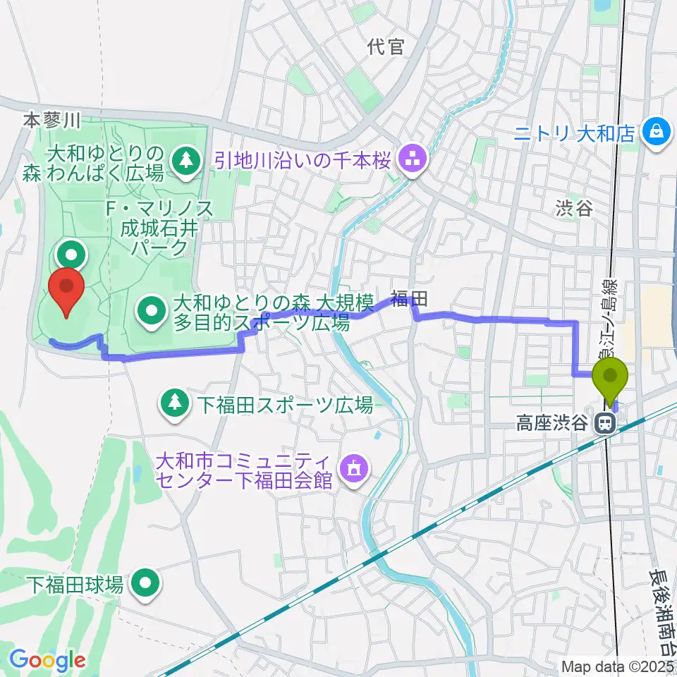 綾瀬スポーツ公園野球場の最寄駅高座渋谷駅からの徒歩ルート（約25分）地図