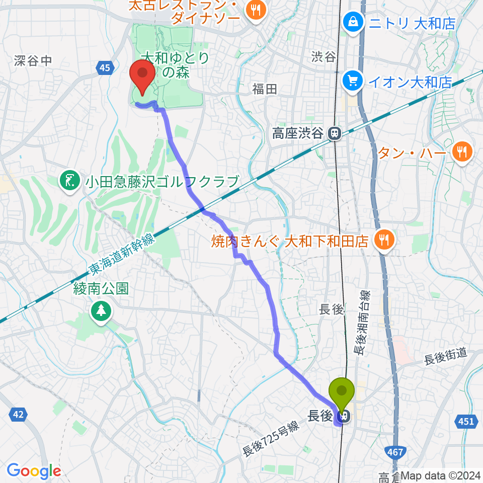 長後駅から綾瀬スポーツ公園野球場へのルートマップ地図