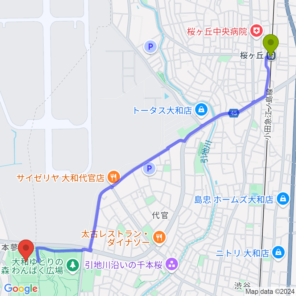 桜ヶ丘駅から綾瀬スポーツ公園多目的広場へのルートマップ地図