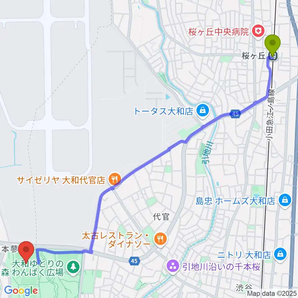 桜ヶ丘駅から綾瀬スポーツ公園多目的広場へのルートマップ地図