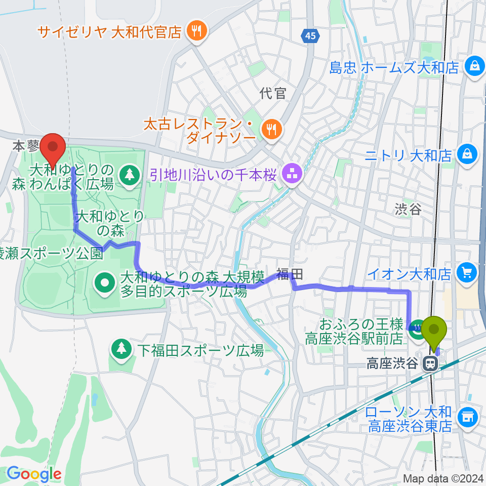 綾瀬スポーツ公園多目的広場の最寄駅高座渋谷駅からの徒歩ルート（約27分）地図