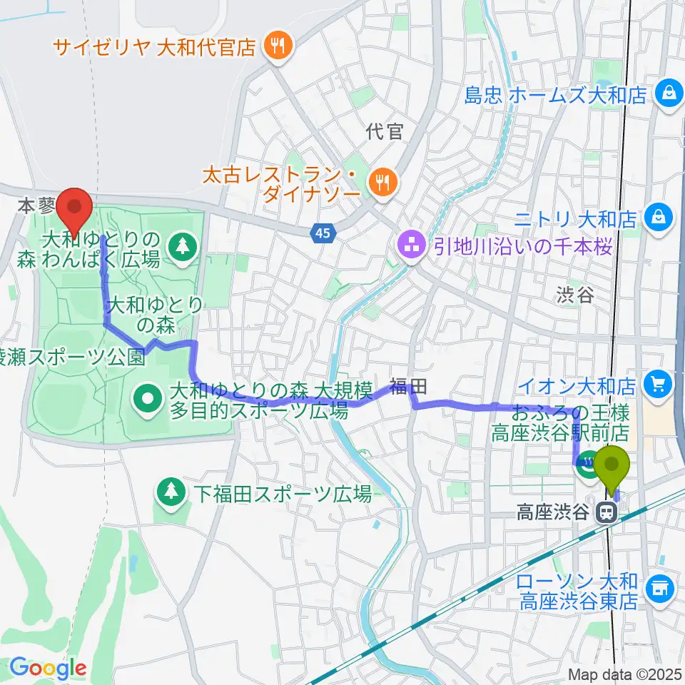 綾瀬スポーツ公園多目的広場の最寄駅高座渋谷駅からの徒歩ルート（約27分）地図