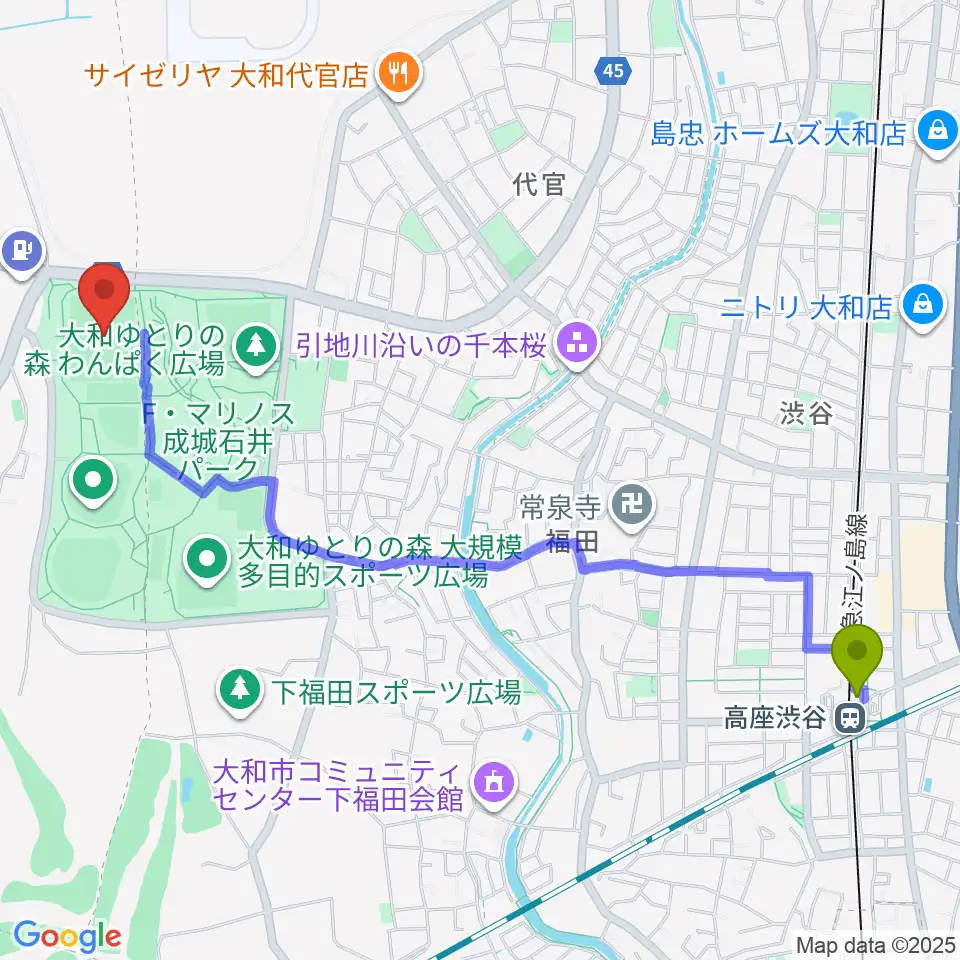 綾瀬スポーツ公園多目的広場の最寄駅高座渋谷駅からの徒歩ルート（約27分）地図
