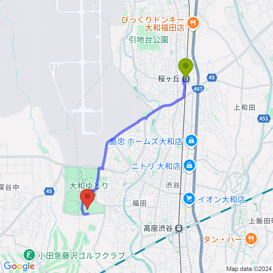 桜ヶ丘駅から大和ゆとりの森多目的スポーツ広場へのルートマップ地図