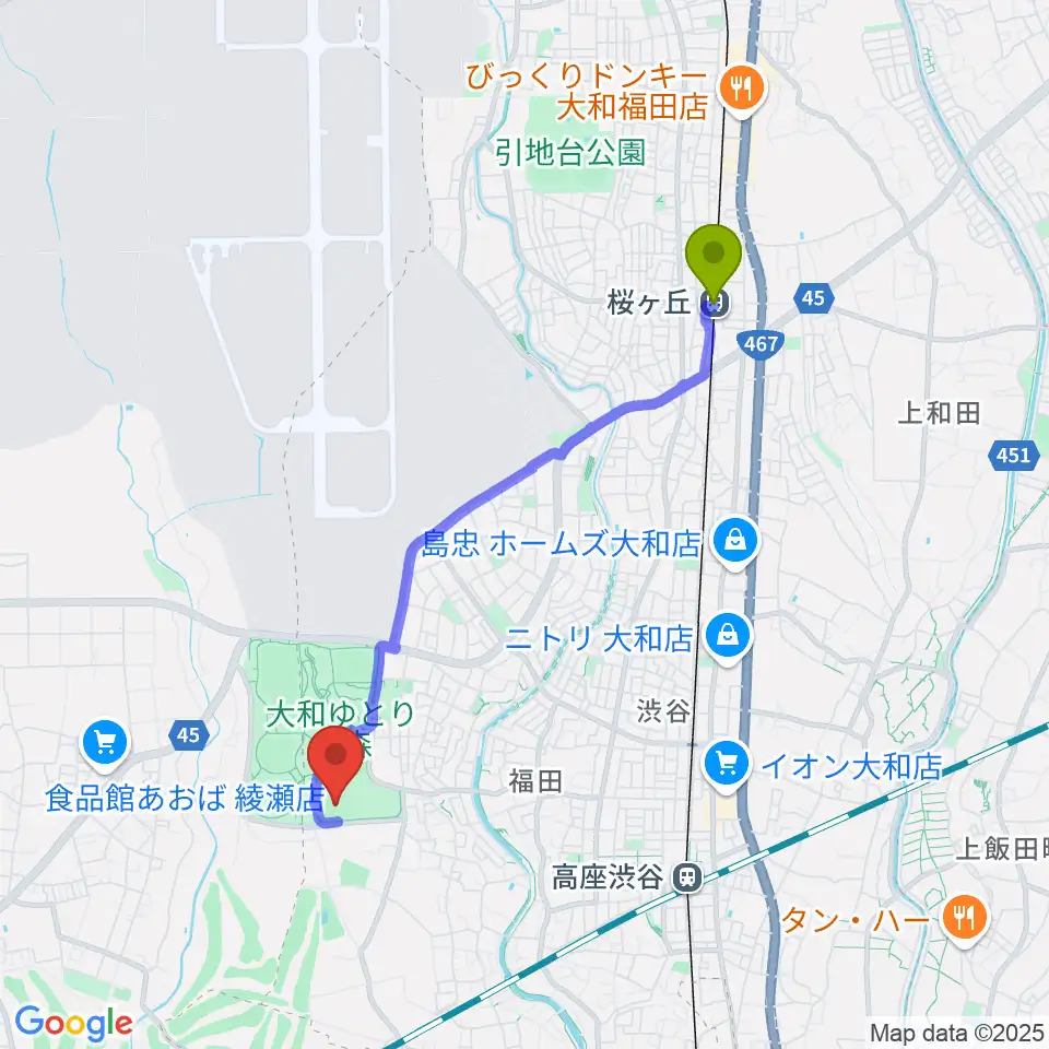 桜ヶ丘駅から大和ゆとりの森多目的スポーツ広場へのルートマップ地図