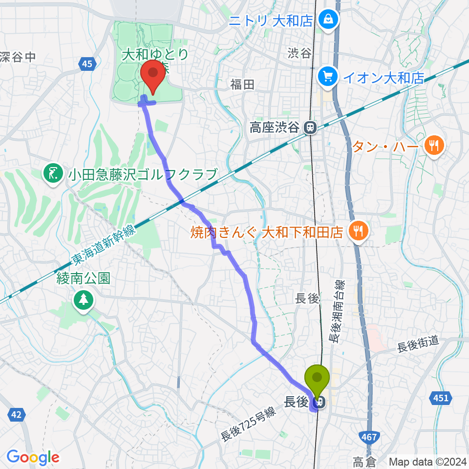 長後駅から大和ゆとりの森多目的スポーツ広場へのルートマップ地図