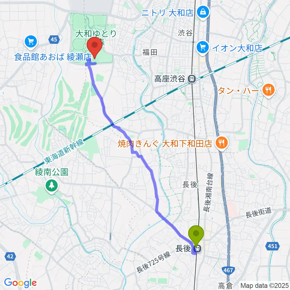 長後駅から大和ゆとりの森多目的スポーツ広場へのルートマップ地図