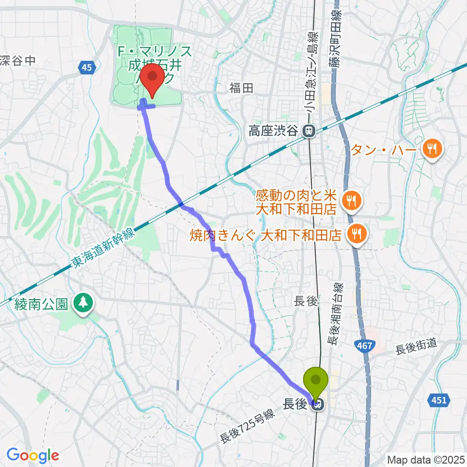 長後駅からF・マリノス 成城石井パーク多目的スポーツ広場へのルートマップ地図