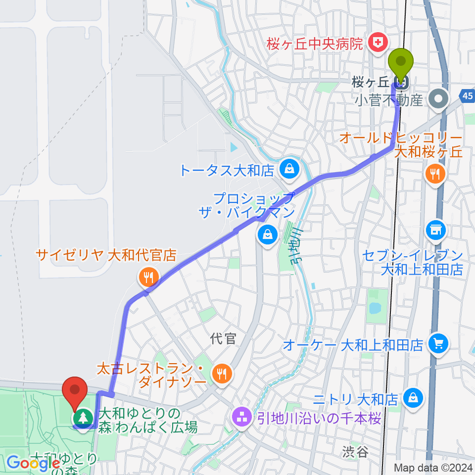 桜ヶ丘駅から大和ゆとりの森芝生グラウンドへのルートマップ地図