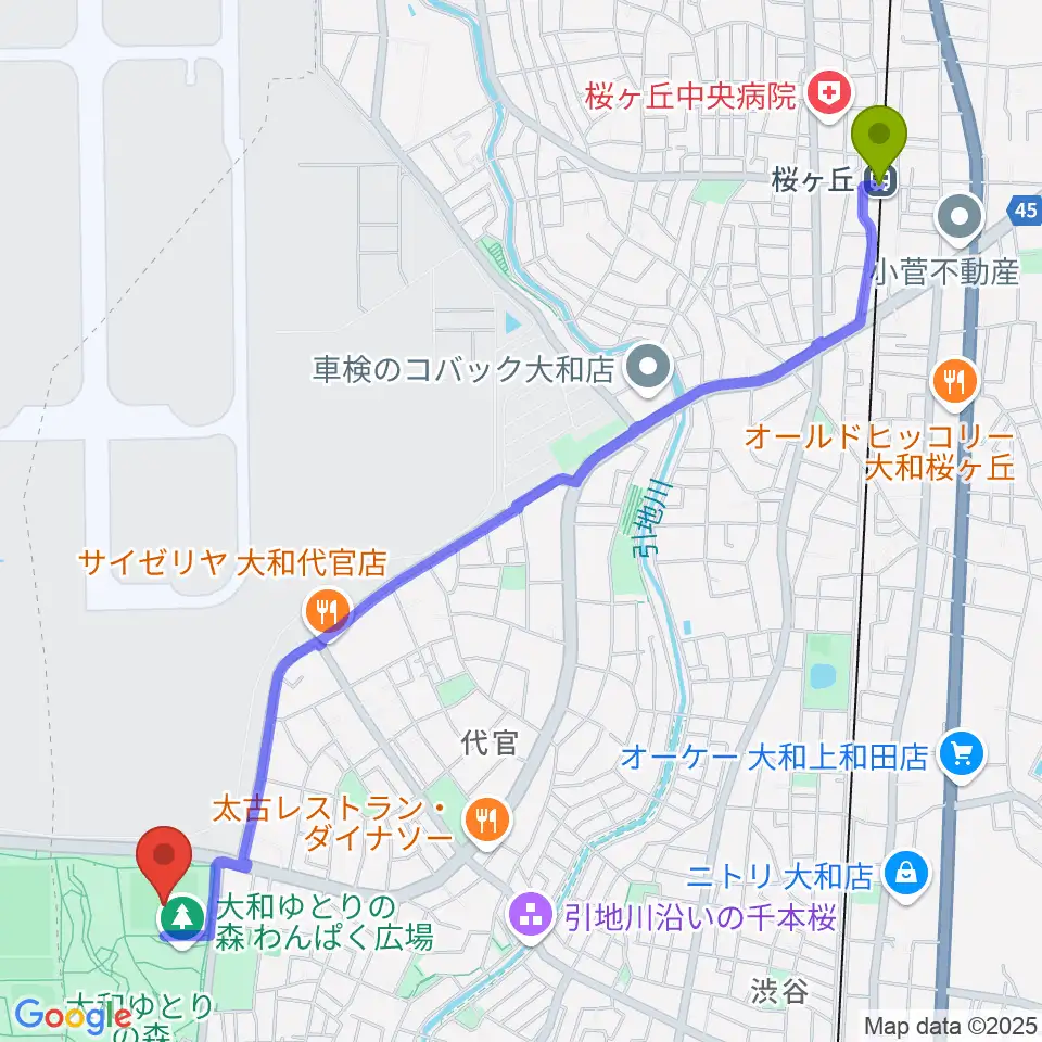 桜ヶ丘駅から大和ゆとりの森芝生グラウンドへのルートマップ地図