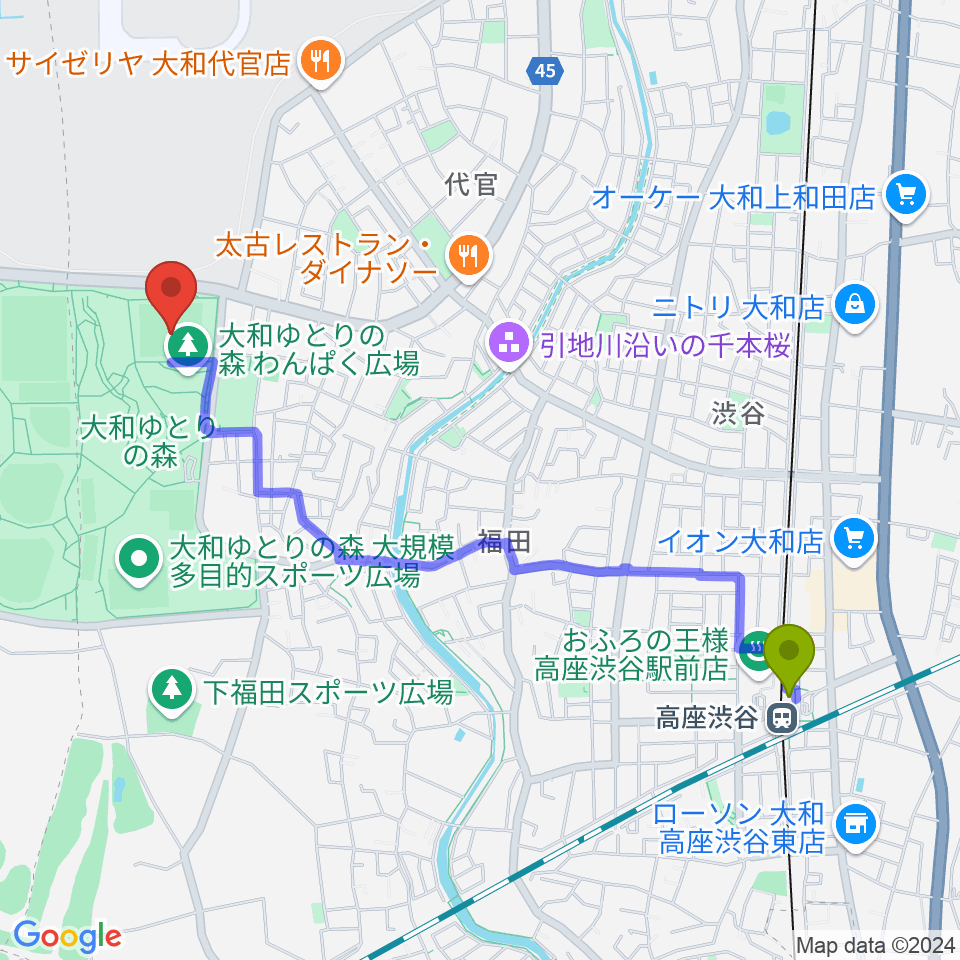 大和ゆとりの森芝生グラウンドの最寄駅高座渋谷駅からの徒歩ルート（約23分）地図