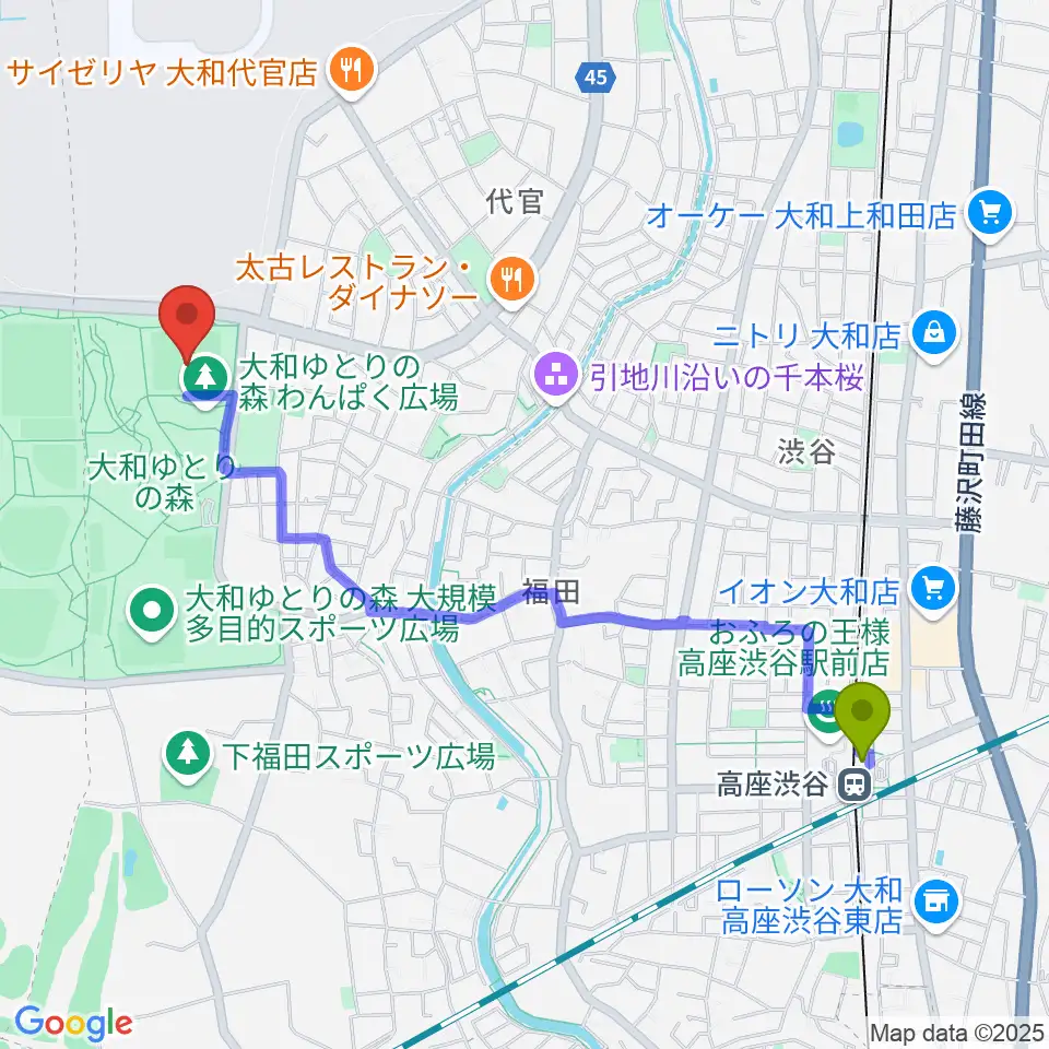 大和ゆとりの森芝生グラウンドの最寄駅高座渋谷駅からの徒歩ルート（約23分）地図