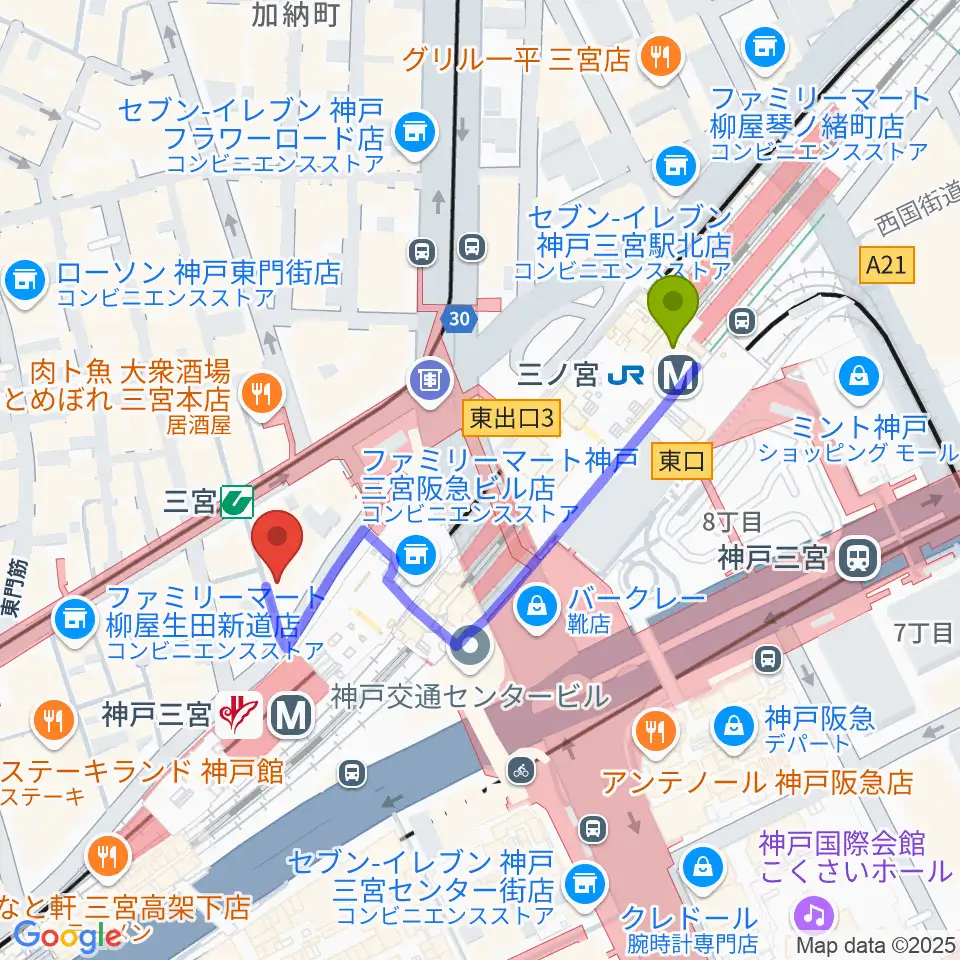 三宮スタジオKZの最寄駅三ノ宮駅からの徒歩ルート（約4分）地図