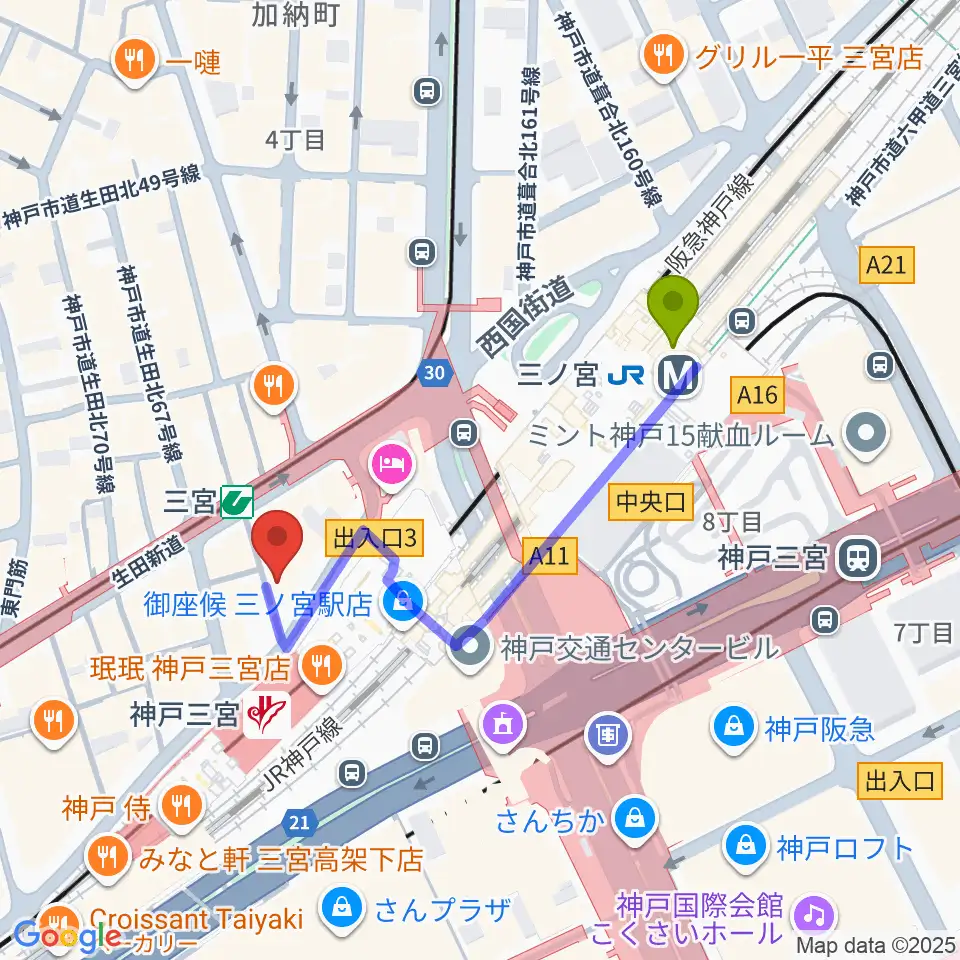 三宮スタジオKZの最寄駅三ノ宮駅からの徒歩ルート（約4分）地図