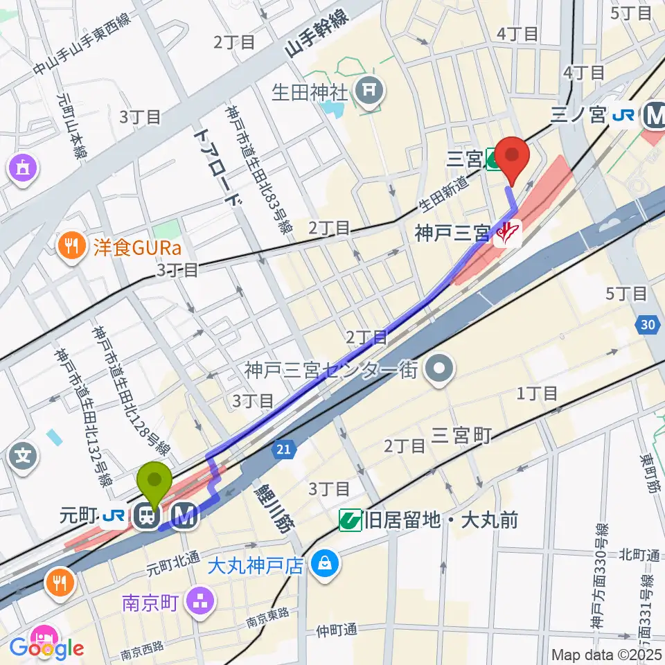 元町駅から三宮スタジオKZへのルートマップ地図