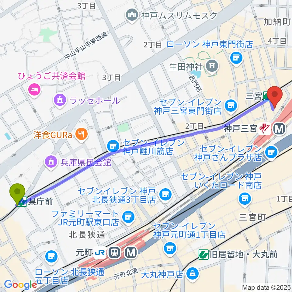 県庁前駅から三宮スタジオKZへのルートマップ地図