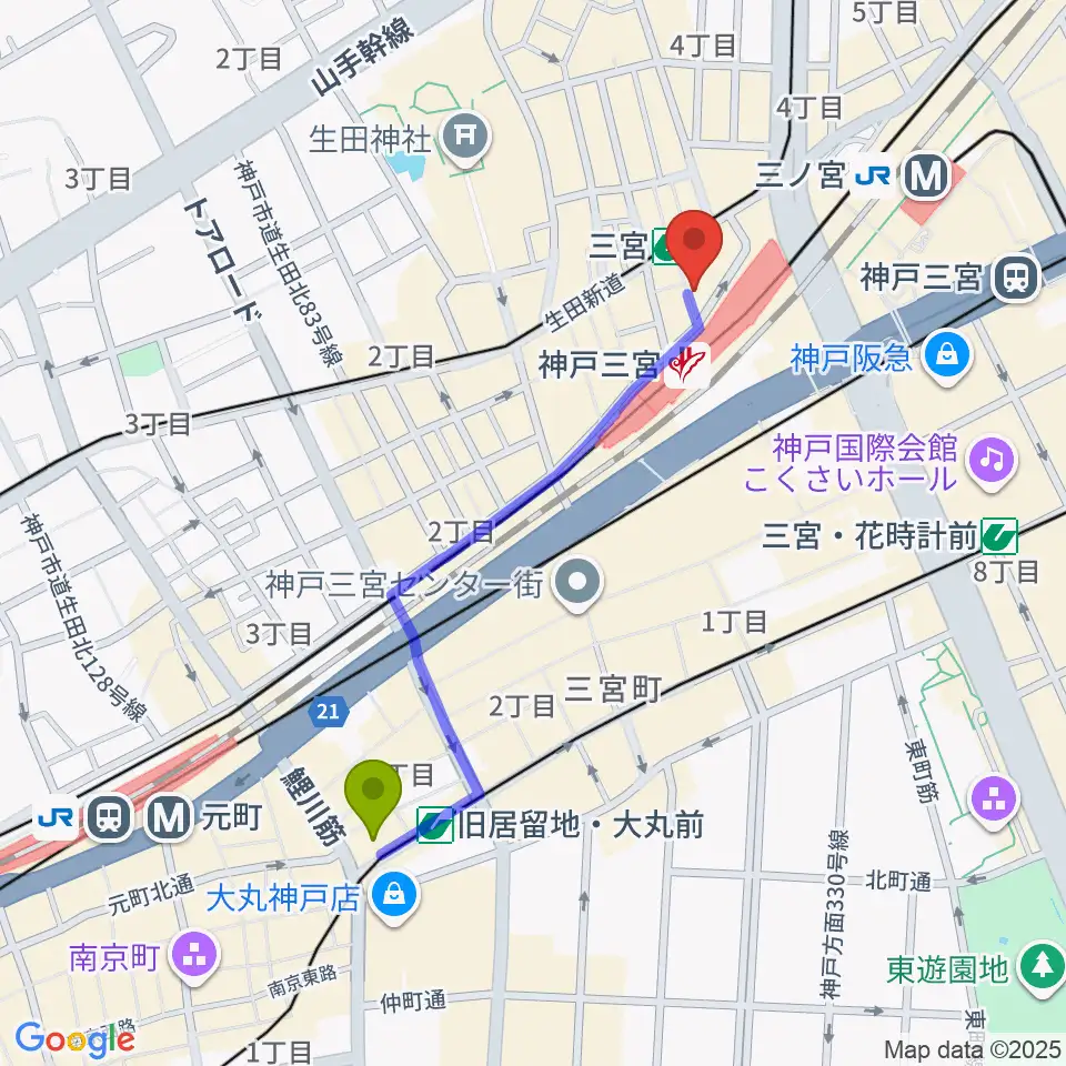 旧居留地・大丸前駅から三宮スタジオKZへのルートマップ地図
