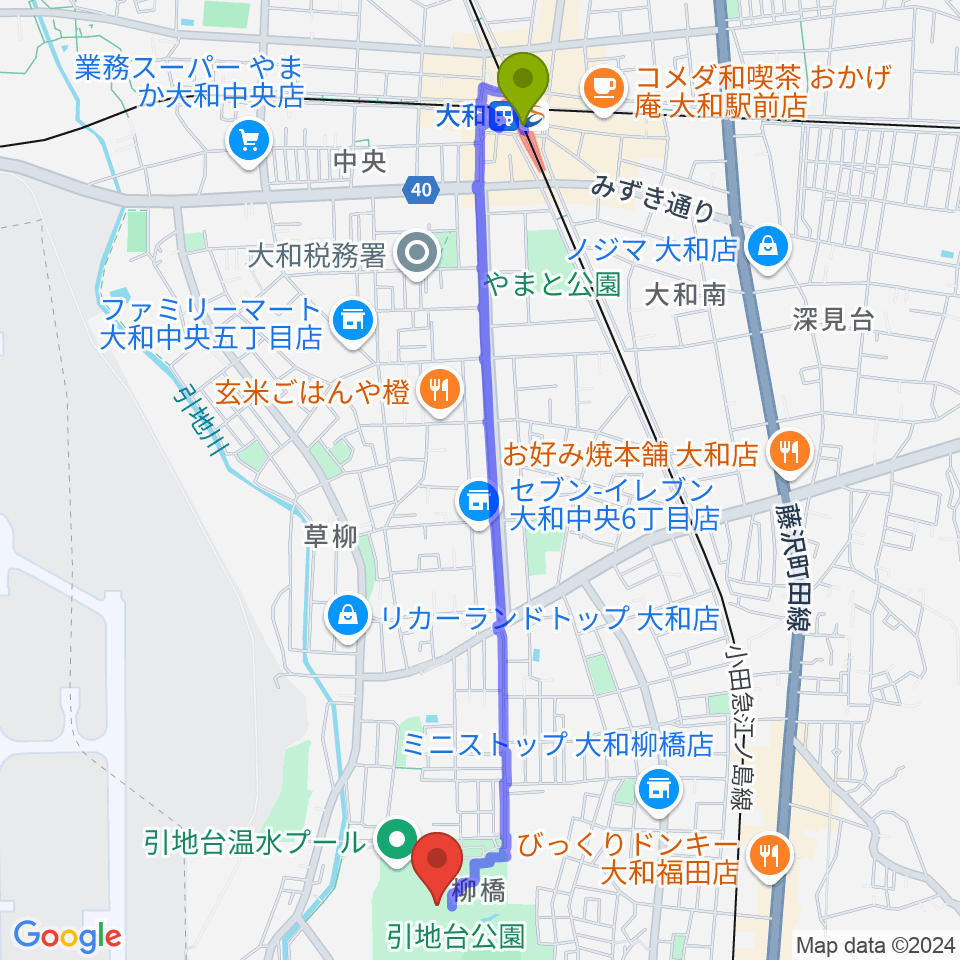 大和駅から引地台公園野外音楽堂へのルートマップ地図