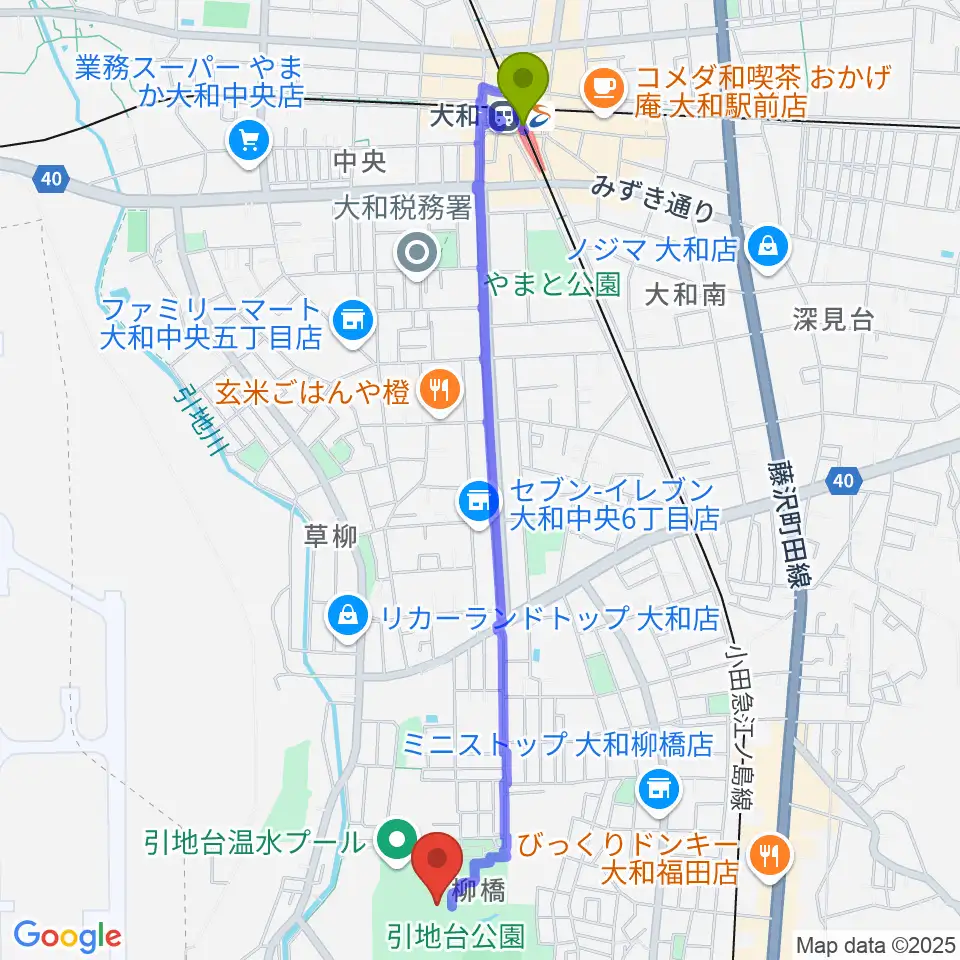 大和駅から引地台公園野外音楽堂へのルートマップ地図