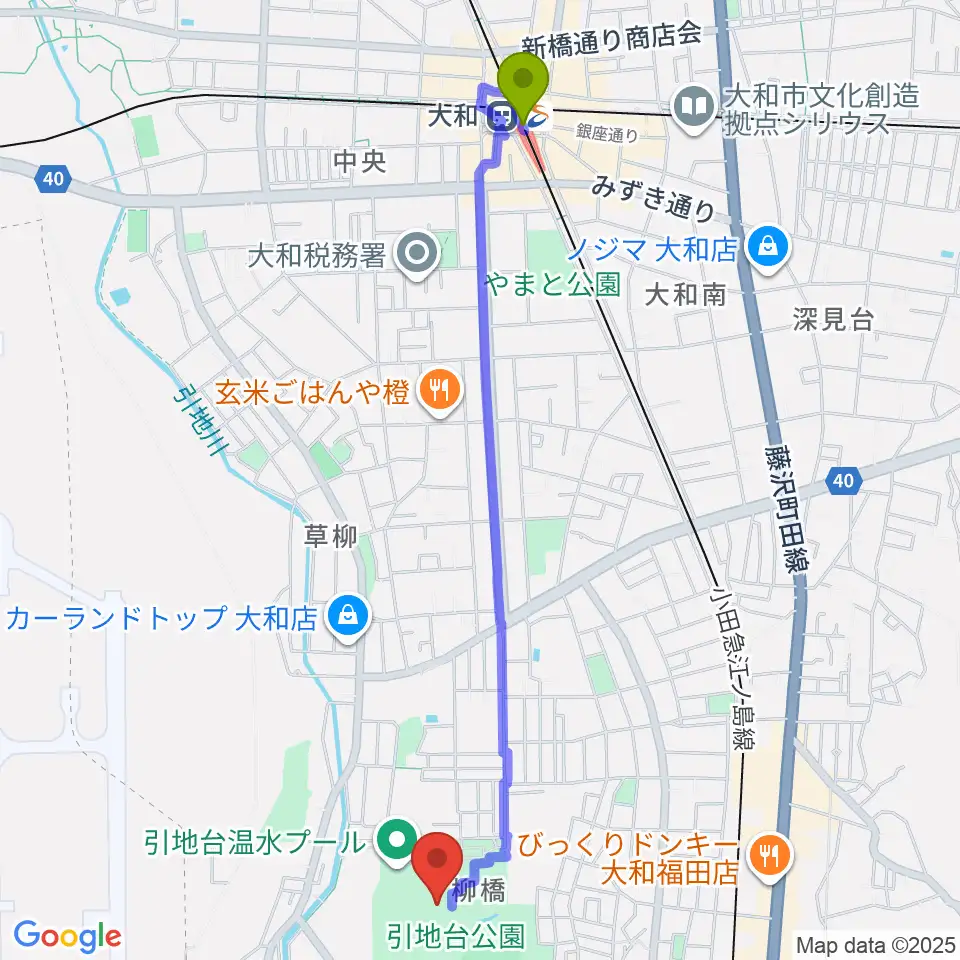 大和駅から引地台公園野外音楽堂へのルートマップ地図