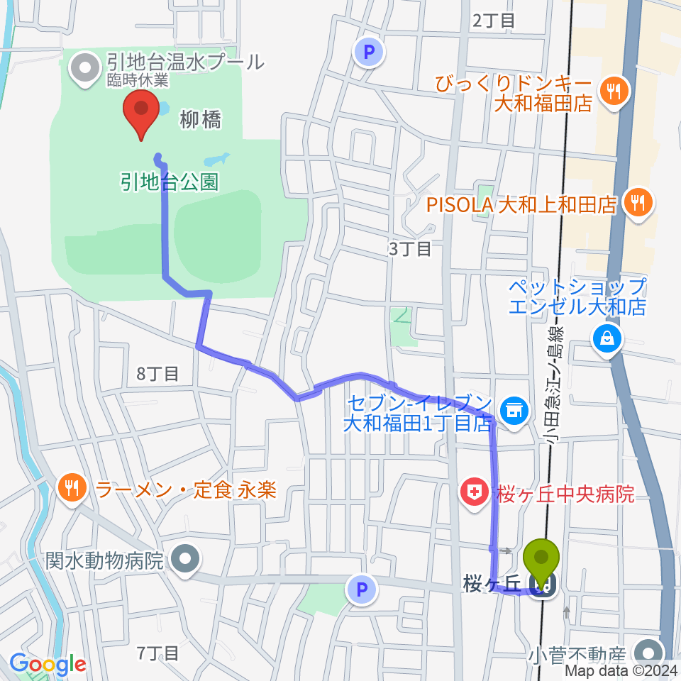 引地台公園野外音楽堂の最寄駅桜ヶ丘駅からの徒歩ルート（約14分）地図