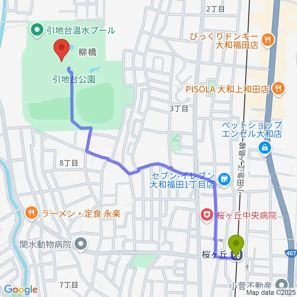 引地台公園野外音楽堂の最寄駅桜ヶ丘駅からの徒歩ルート（約14分）地図