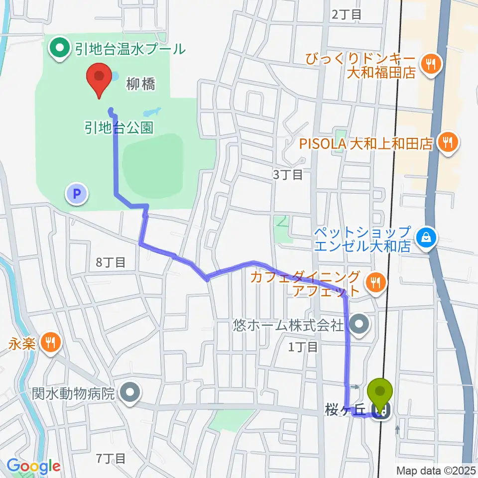 引地台公園野外音楽堂の最寄駅桜ヶ丘駅からの徒歩ルート（約14分）地図