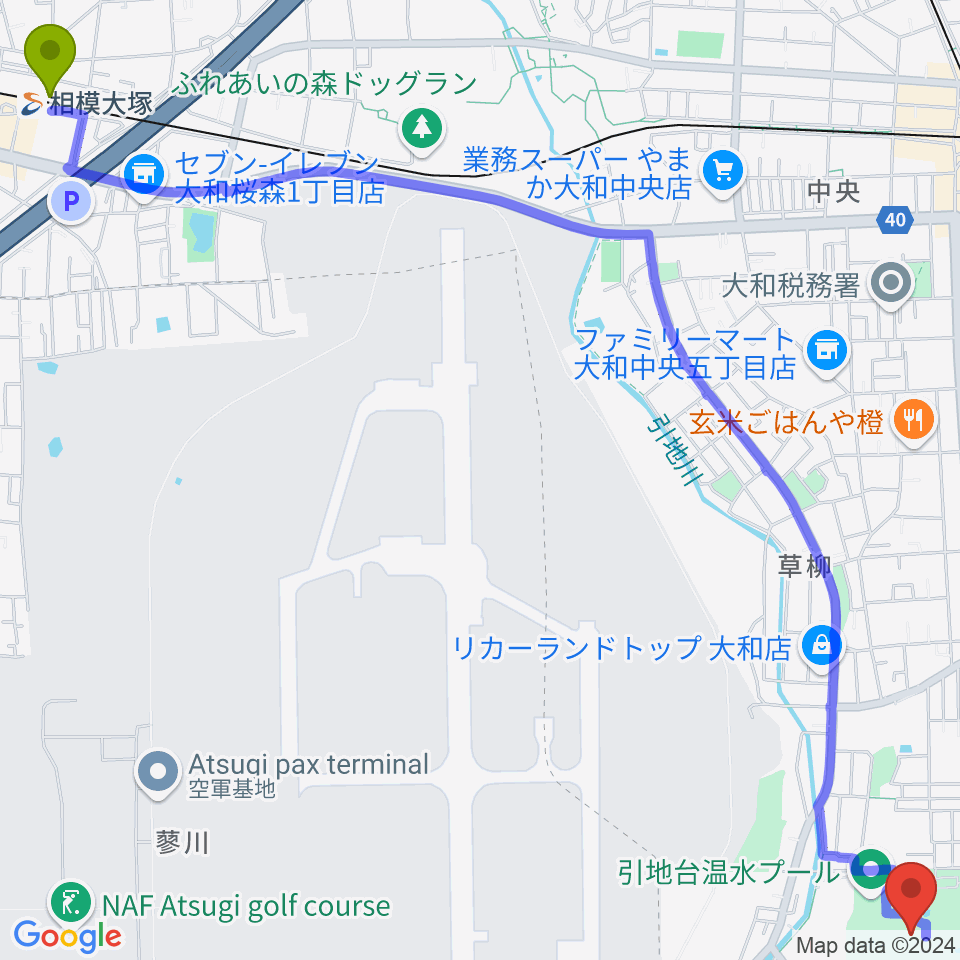 相模大塚駅から引地台公園野外音楽堂へのルートマップ地図