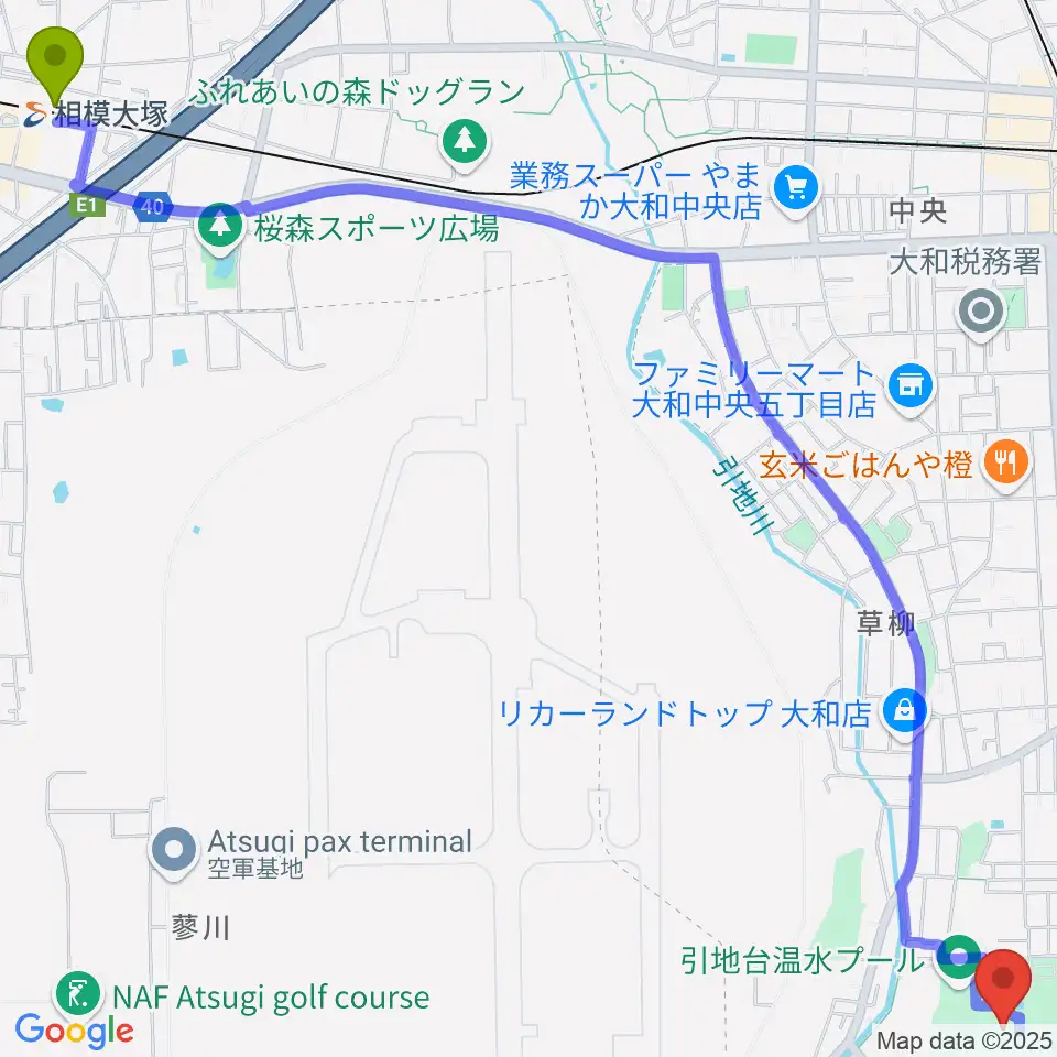 相模大塚駅から引地台公園野外音楽堂へのルートマップ地図