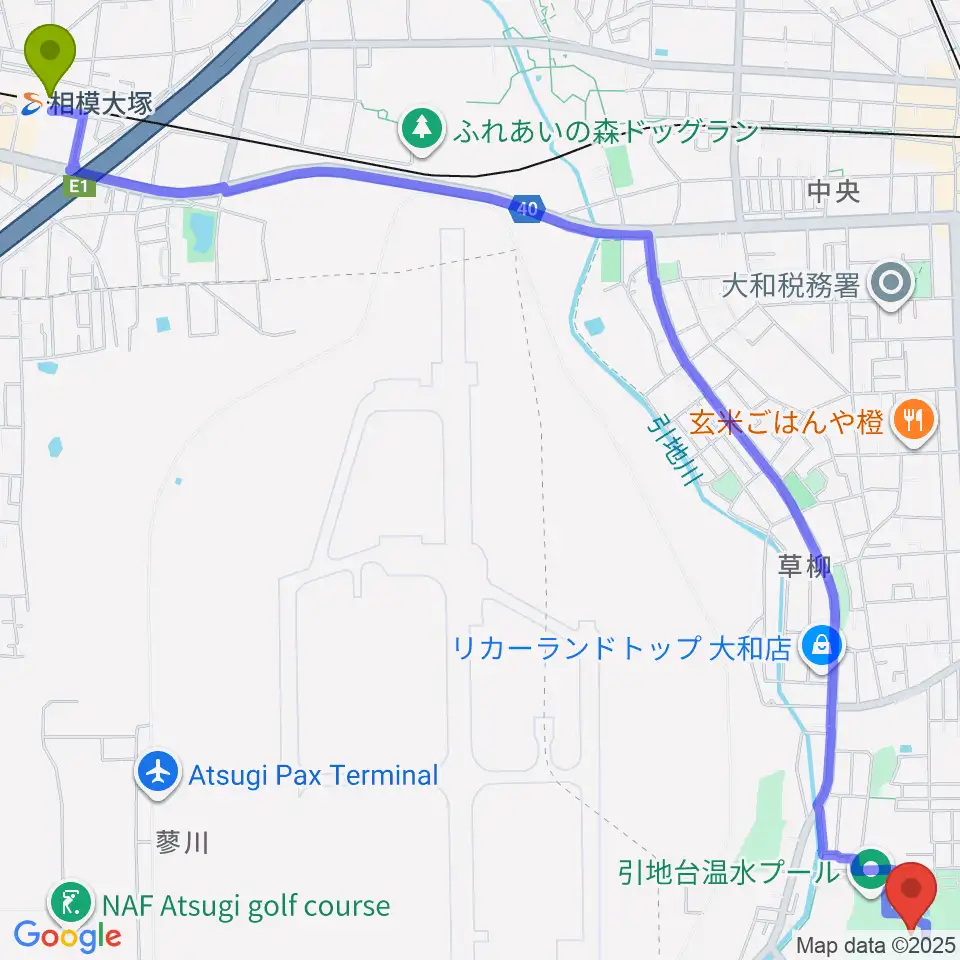 相模大塚駅から引地台公園野外音楽堂へのルートマップ地図