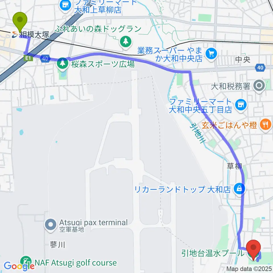 相模大塚駅から引地台温水プールへのルートマップ地図