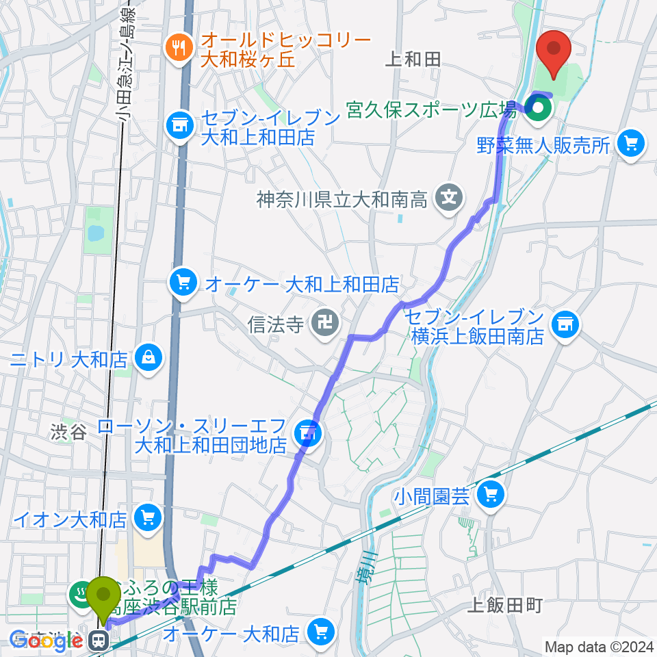 高座渋谷駅から宮久保野球場へのルートマップ地図