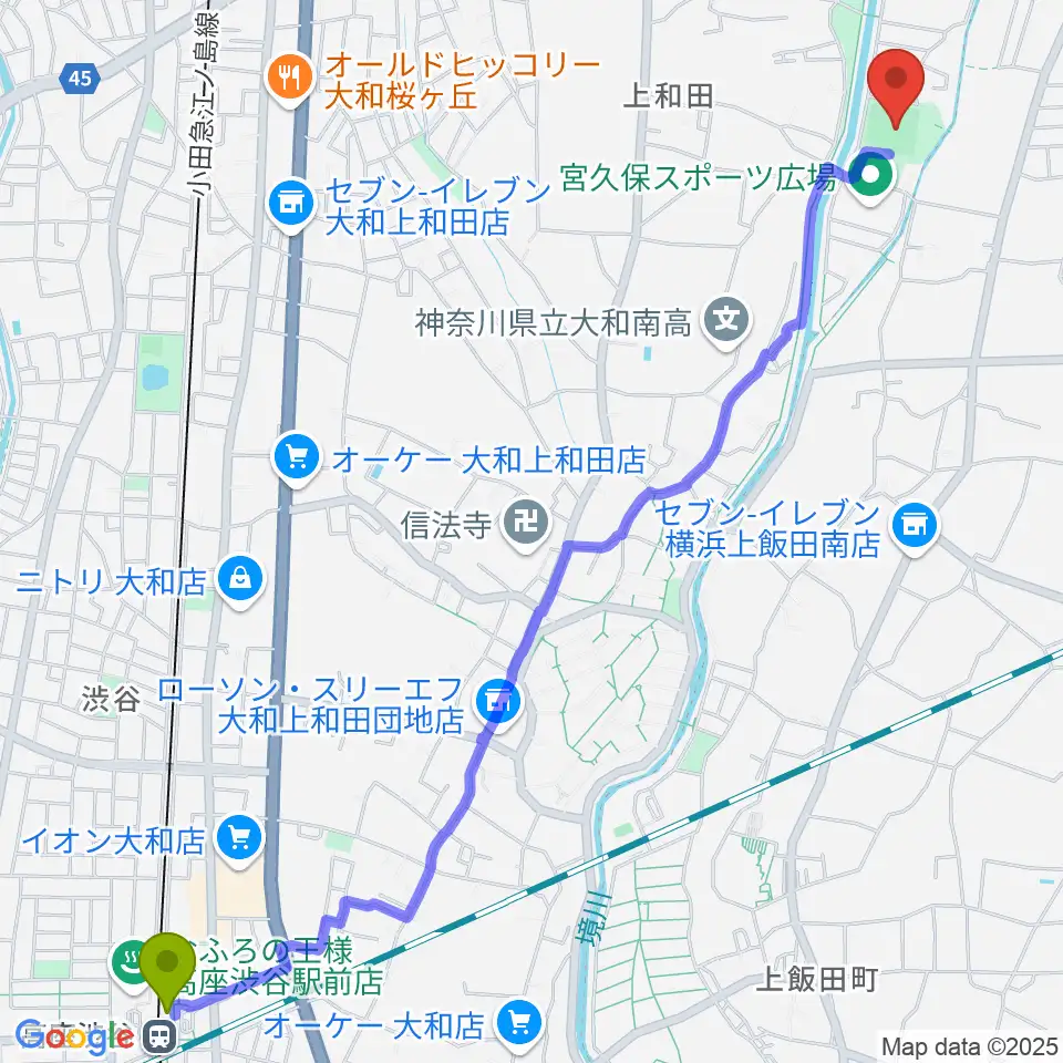 高座渋谷駅から宮久保野球場へのルートマップ地図