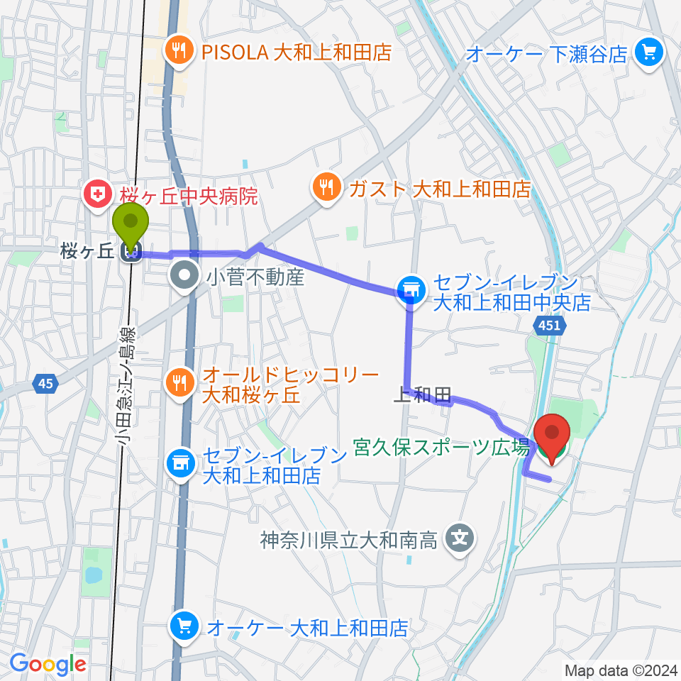 宮久保スポーツ広場の最寄駅桜ヶ丘駅からの徒歩ルート（約22分）地図