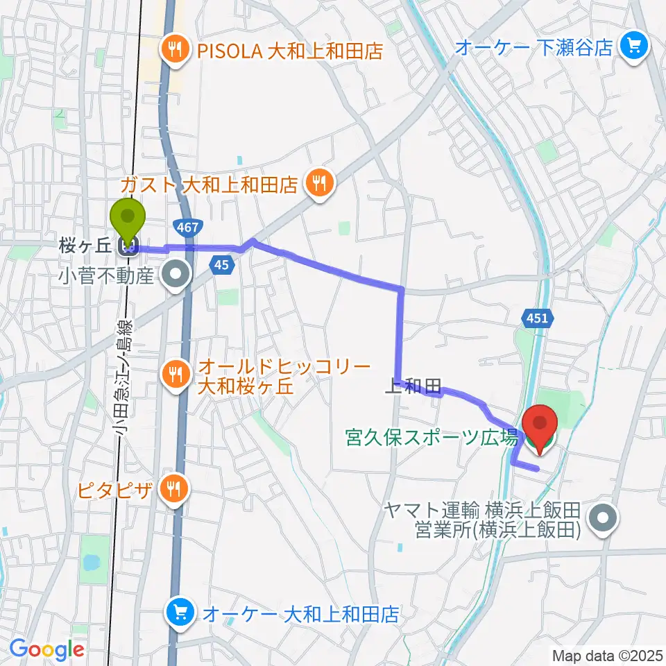 宮久保スポーツ広場の最寄駅桜ヶ丘駅からの徒歩ルート（約22分）地図