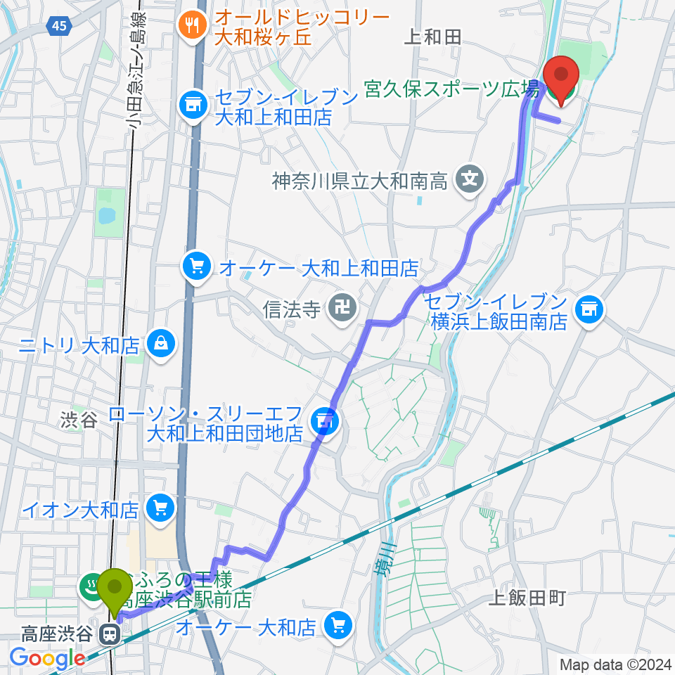 高座渋谷駅から宮久保スポーツ広場へのルートマップ地図