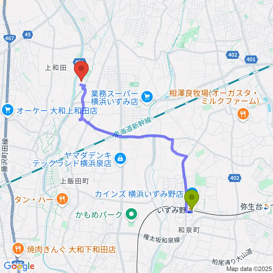 いずみ野駅から宮久保スポーツ広場へのルートマップ地図