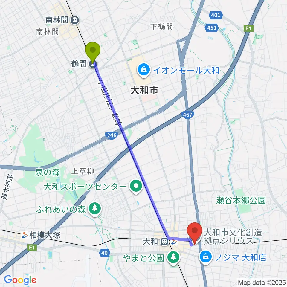 鶴間駅から大和市文化創造拠点シリウスへのルートマップ MDATA 鶴間駅から大和市文化創造拠点シリウスへのルートマップ MDATA